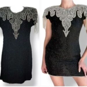 Vintage 80’s Scala 100% Silk Fully Beaded Sz XL Mini. Cocktail Dress Pearl Trim.